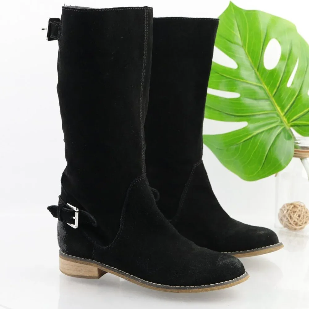 Kelsi Dagger Womens Tassie Boots Size 7.5 Black Suede Slouch Pull On Moto Buckle